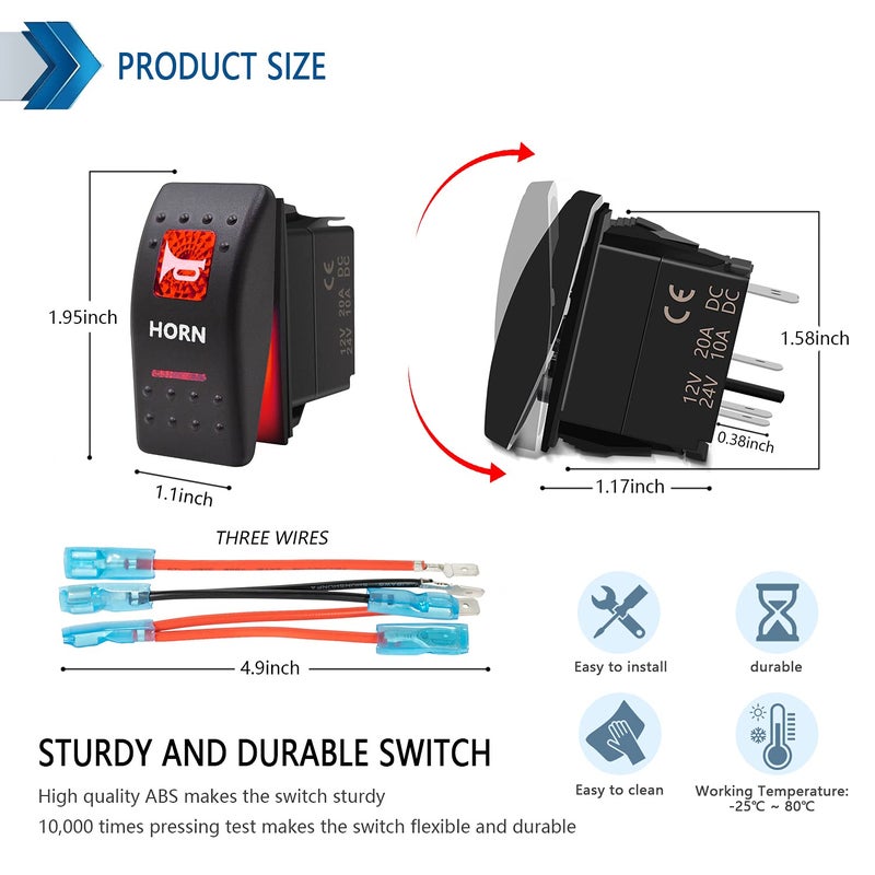 KEING Momentary Horn Button Waterproof Rocker Switch Toggle - ON/Off Red LED Light - 12V 20Amp 24V 10Amp, 5 Pin for Automotive Cars Vehicles Marine Boats Trucks Trailers 4x4 Caravans RVs SUV ATV UTV & More - Image 2